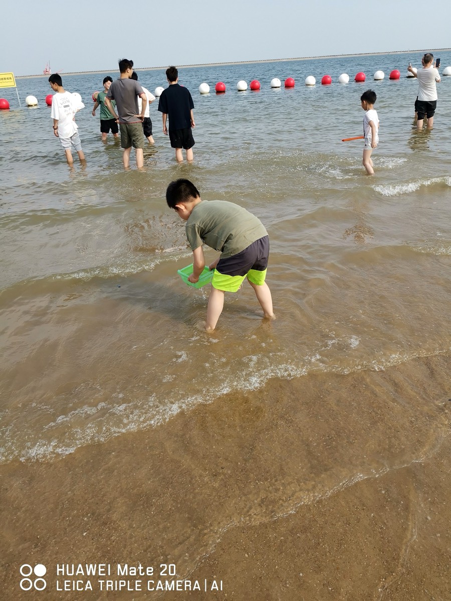 小男孩弯腰握绿色水桶在浅水玩水，身后红白浮标