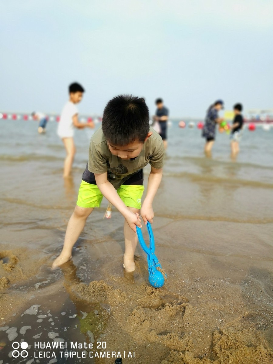男孩握蓝色夹子在浅水沙地专注挖沙，远景红浮标